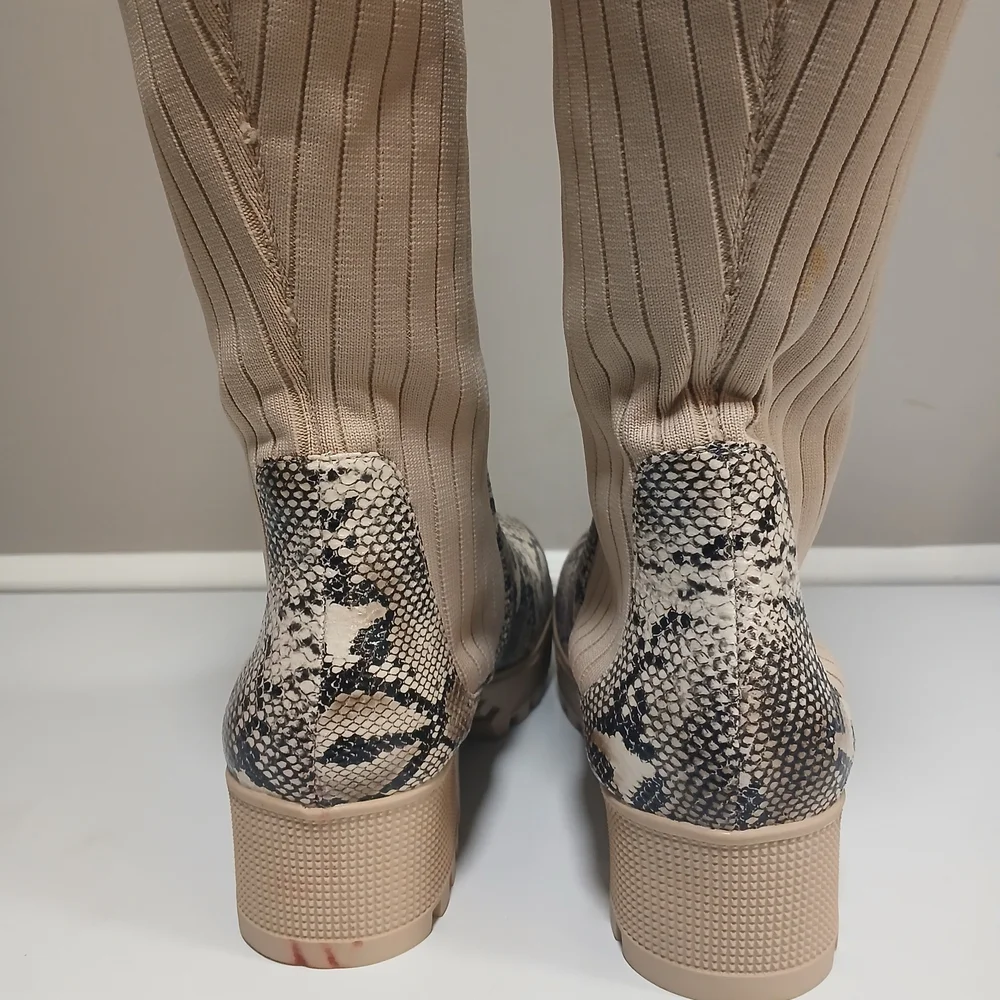 Tan Snakeskin Lug Sole Stretch Ribbed Knit Over-the-Knee Thigh Boot 10 NWOT